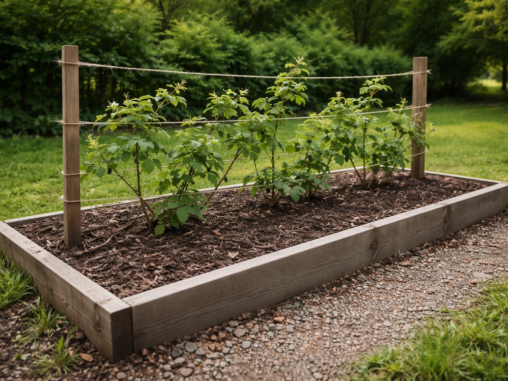 Raspberry/blackberry brambles on a simple trellis beside a mulched raised, well-drained bed in full sun