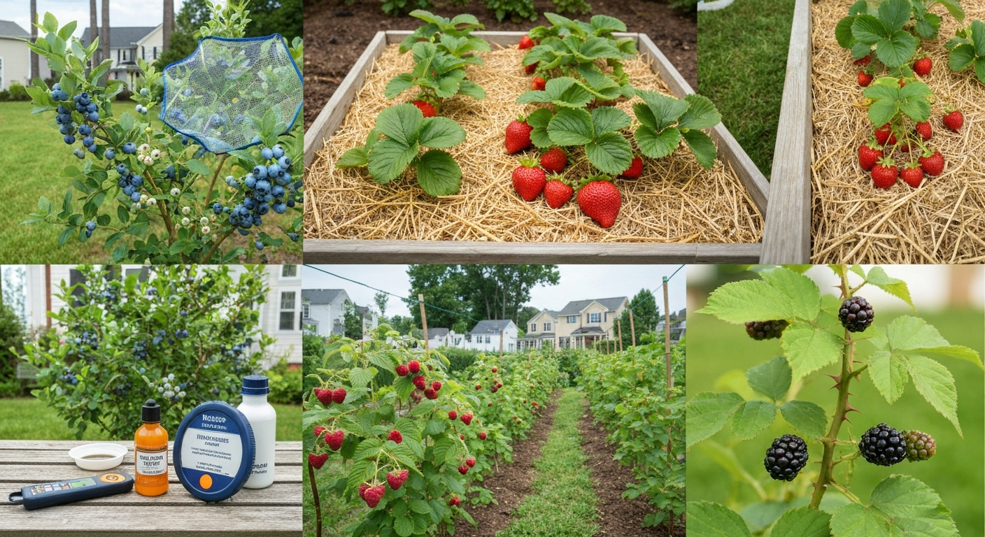 Composite photo of highbush blueberries, strawberries, raspberries, and thornless blackberries in a New Jersey backyard with gardening tools and pH meter.