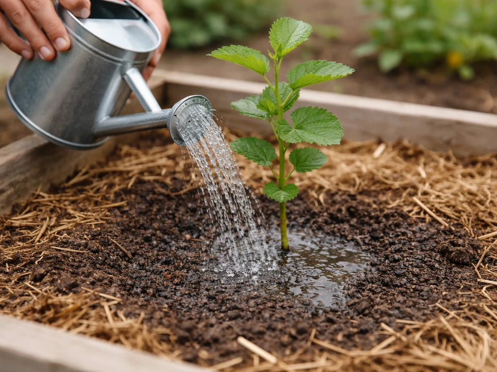 Hands watering a young mulberry at the base with mulch, showing consistent moisture