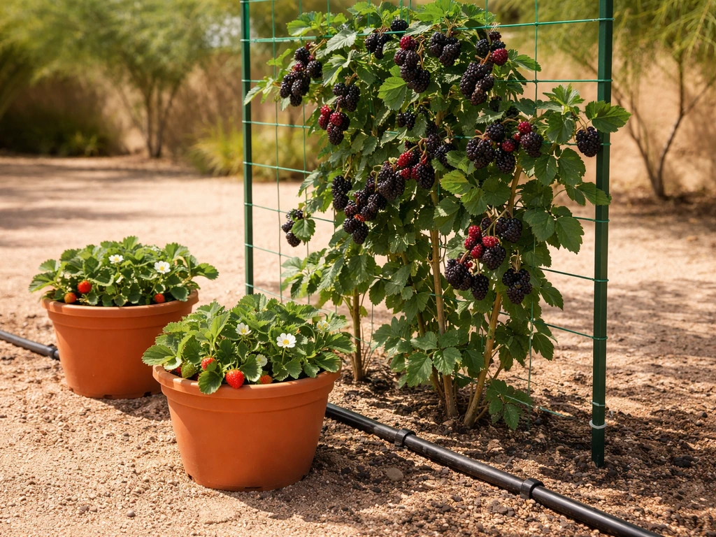 Trellised blackberry canes with ripe fruit beside strawberry planters and a drip irrigation line in bright desert light