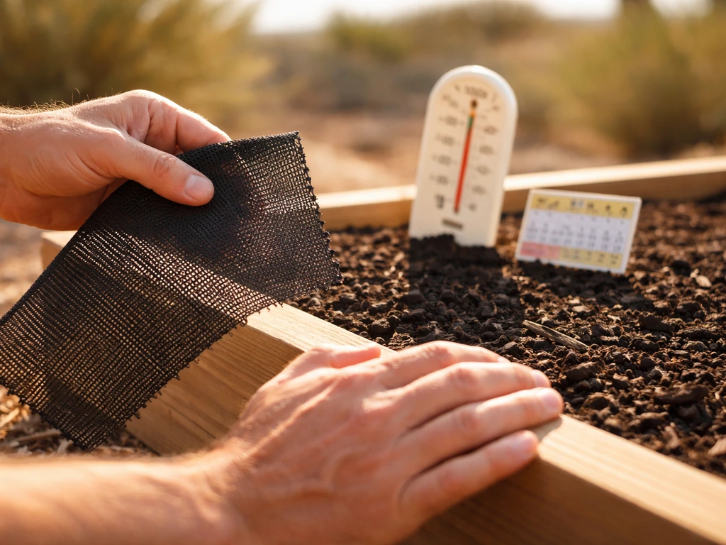 Anonymous gardener hands holding black shade cloth beside a raised bed and a small outdoor thermometer.