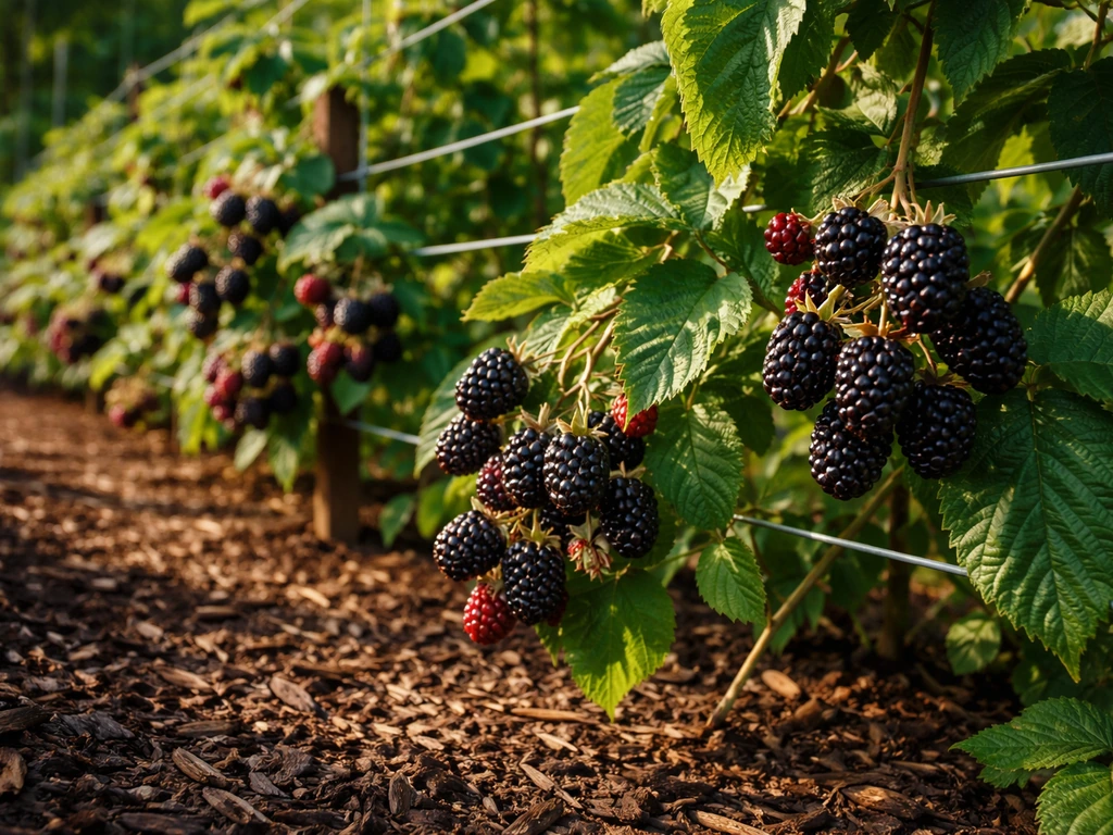 Close-up of trellised Phoenix blackberry canes with dark mulch and clusters of ripe berries