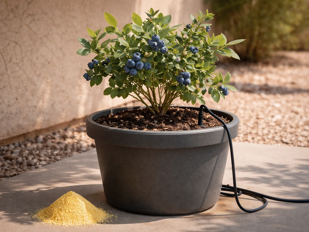 Potted blueberry plants in Phoenix with acidic soil mix, visible sulfur amendment, and drip emitter