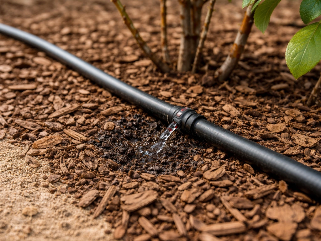 Close-up of drip irrigation tubing with emitters running beside mulch for berry roots in dry Phoenix soil.