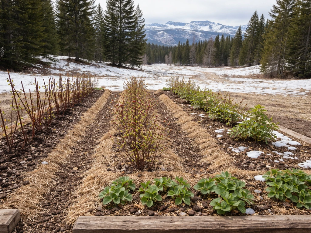 Hardy berry plants in a Wyoming garden with snow-dusted mountains in the background.