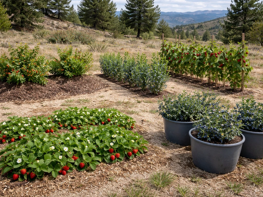 Minimal photo of five hardy berry plant groupings in Wyoming-style garden containers and beds.