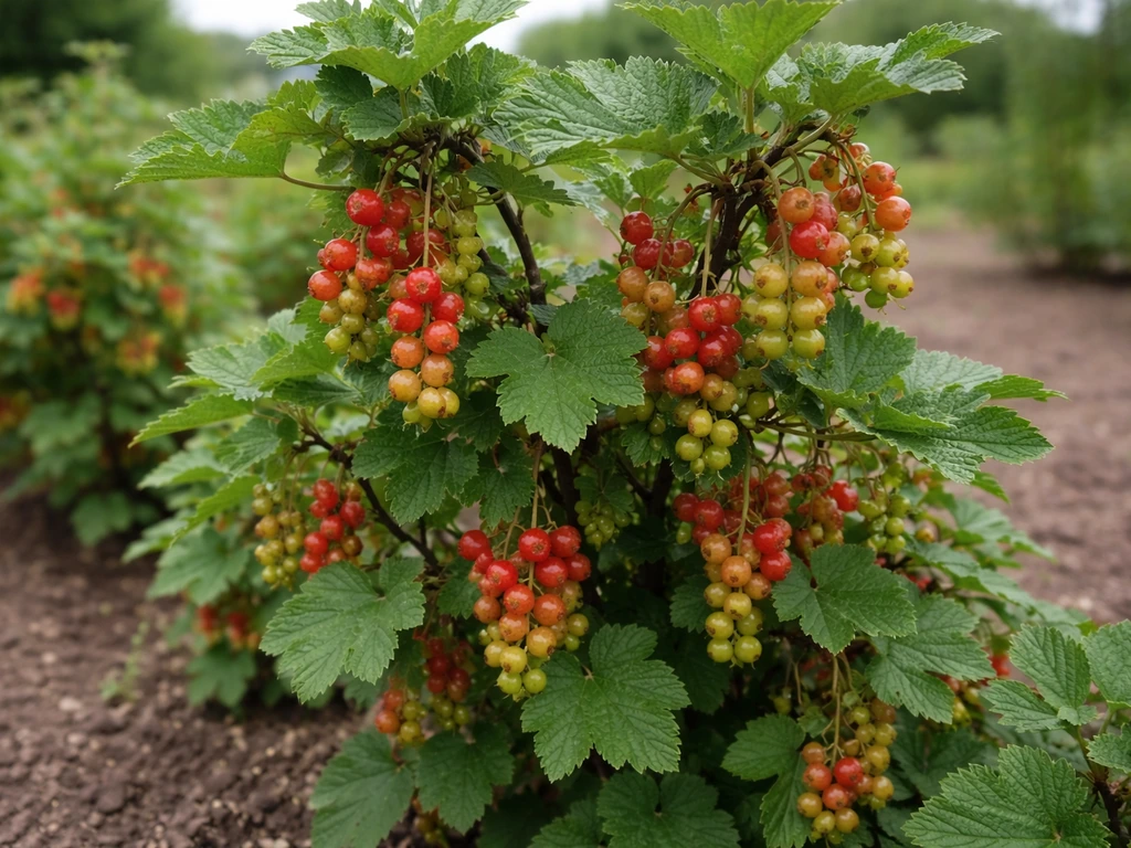 Close-up of a currant or gooseberry bush with ripe berries on stems among green leaves.
