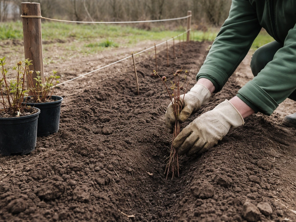Gloved hands planting raspberry canes in early spring soil with twine trellis posts in the background.
