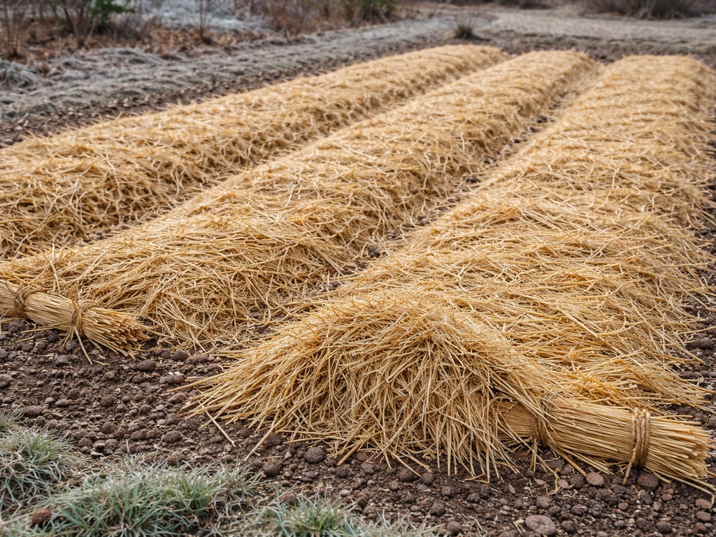 Straw-mulched strawberry bed in late fall/winter conditions with frost and simple perimeter straw protection.