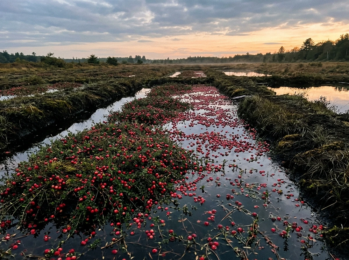 Cranberry bog landscape showing the wet acidic habitat where cranberries grow