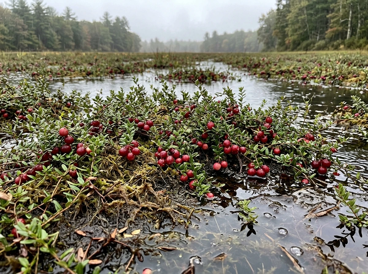 Cranberry bog habitat with waterlogged peat and low vines bearing red berries