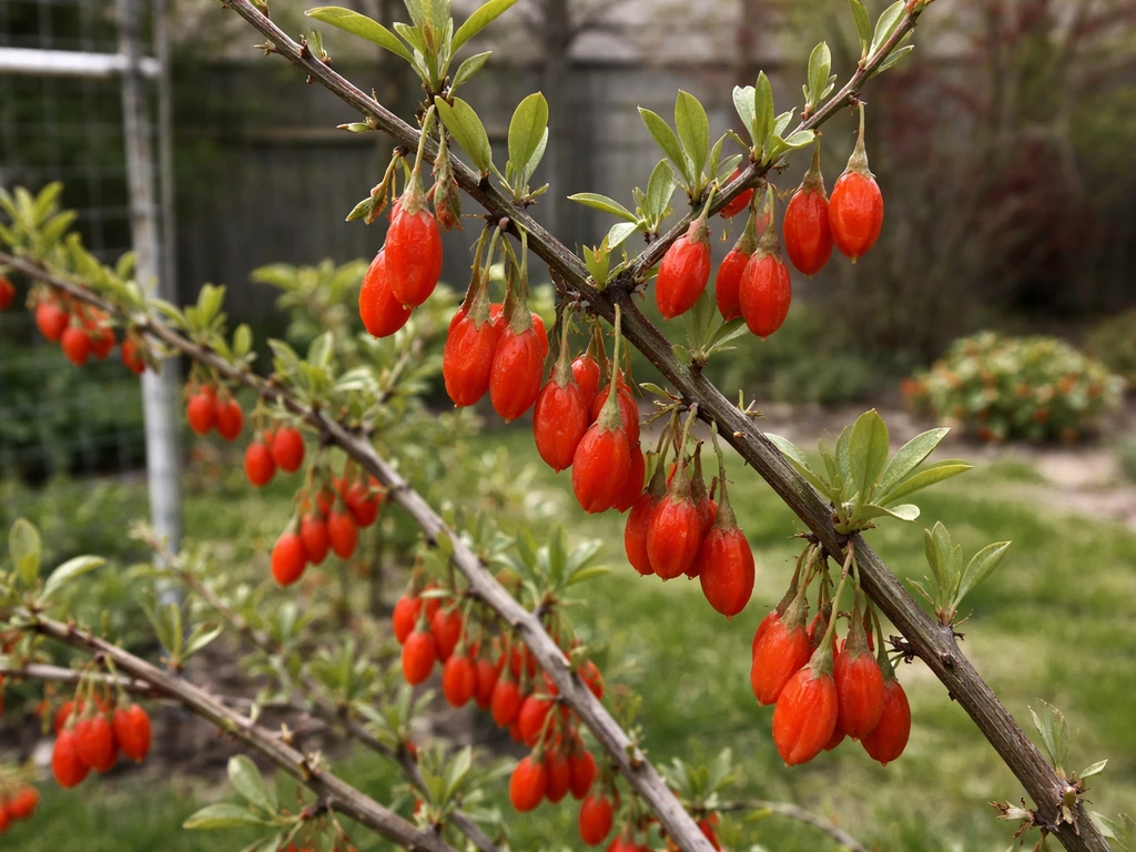Goji berries ripening on a thorny shrub in a Canadian garden with cool-season landscaping cues.