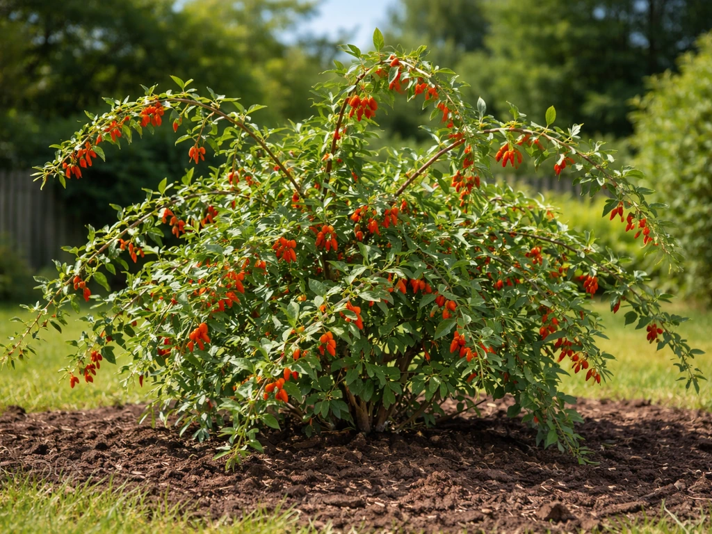 Thorny goji shrub thriving in-ground with arching branches in a sunlit Canadian-style garden bed