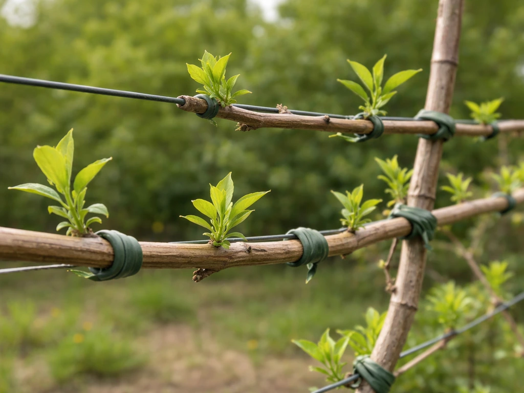 Close-up of goji canes tied to a simple trellis, showing first-year framework training