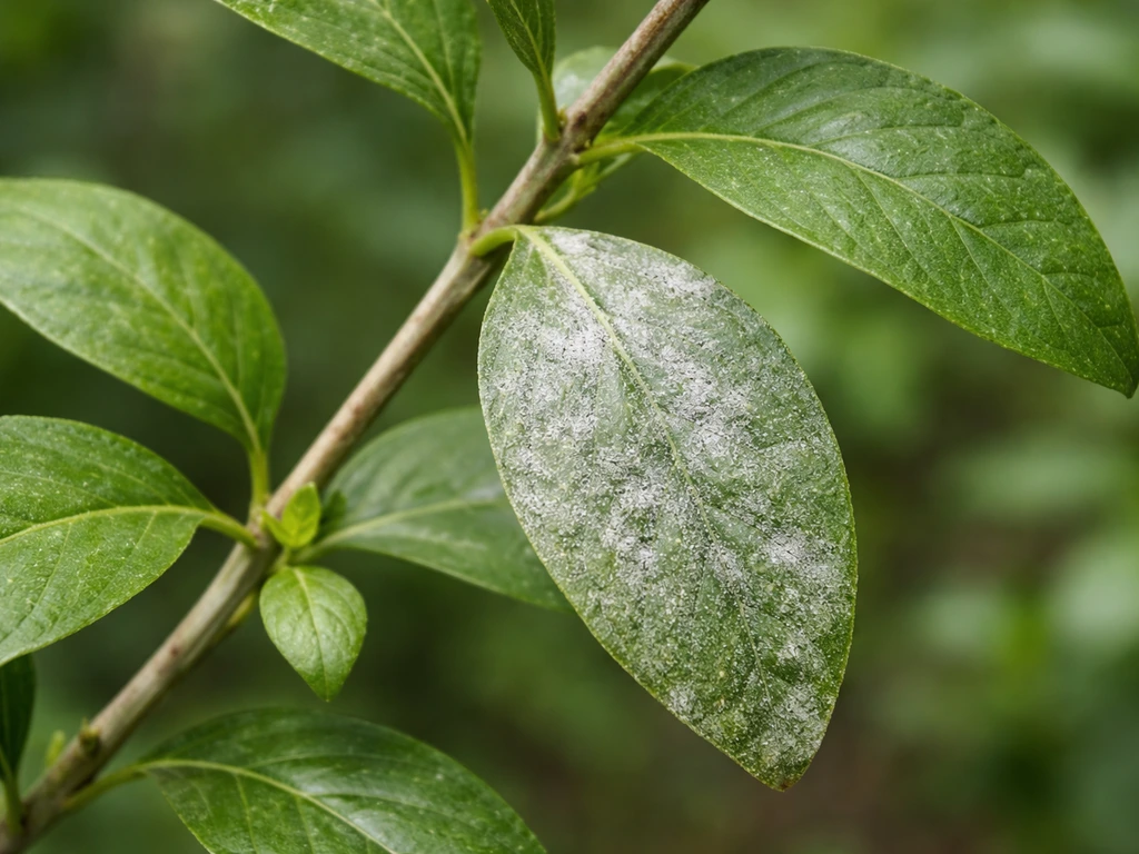 Close-up of goji plant leaves with white-gray powdery mildew coating and nearby healthy green leaves.