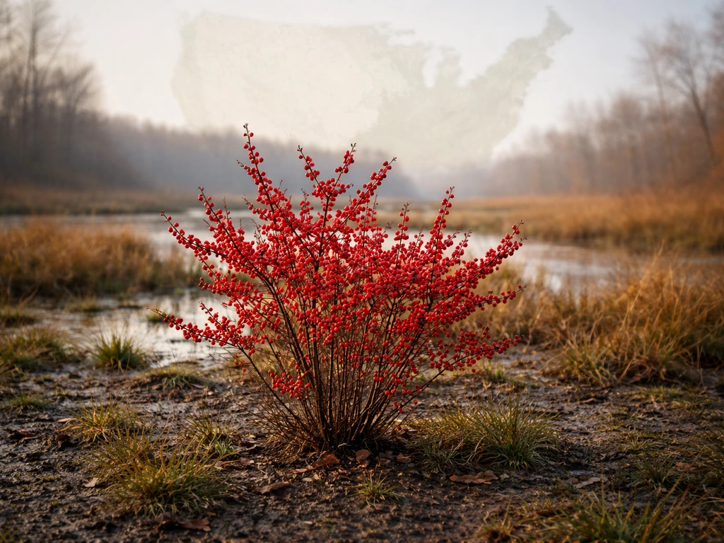 Winterberry shrub with red berries in a wet, sunny landscape with a subtle native-range map backdrop