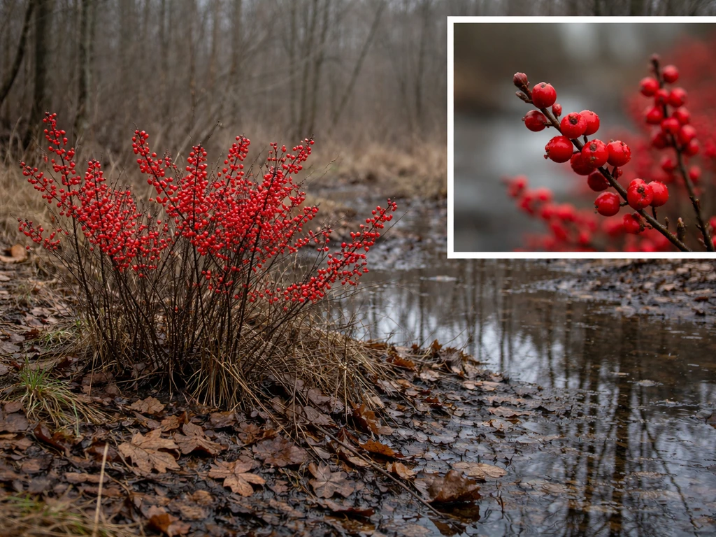 Winterberry shrubs with red berries along a low wet forest edge from Canada to the U.S.