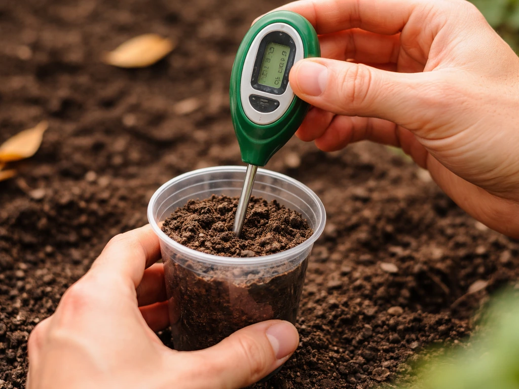 Anonymous hands holding a soil pH probe beside wet acidic soil in a small cup.