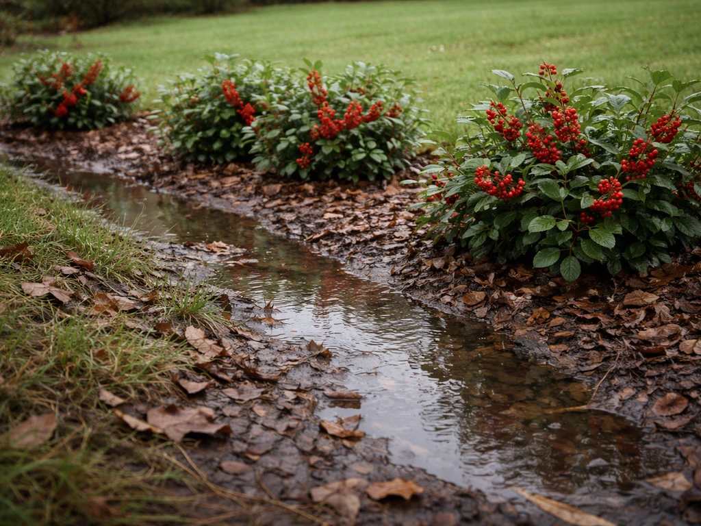Winterberry shrubs in a low, wet corner of a yard with water pooling after rain near a drainage edge.
