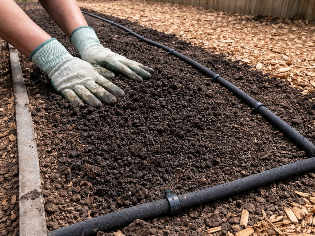Gardener amending a planting bed with compost, mulch laid down, and a soaker line for irrigation.