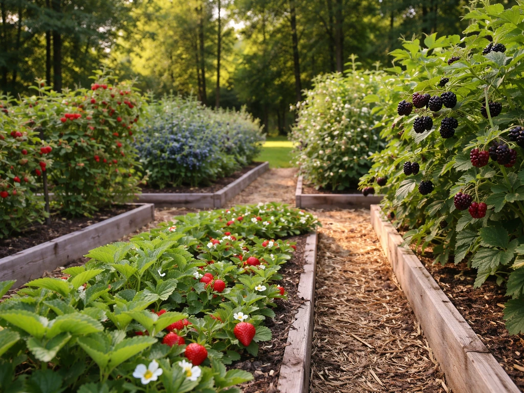 Summer Virginia backyard berry patch with healthy blackberry, blueberry, raspberry, and strawberry plants and ripening f