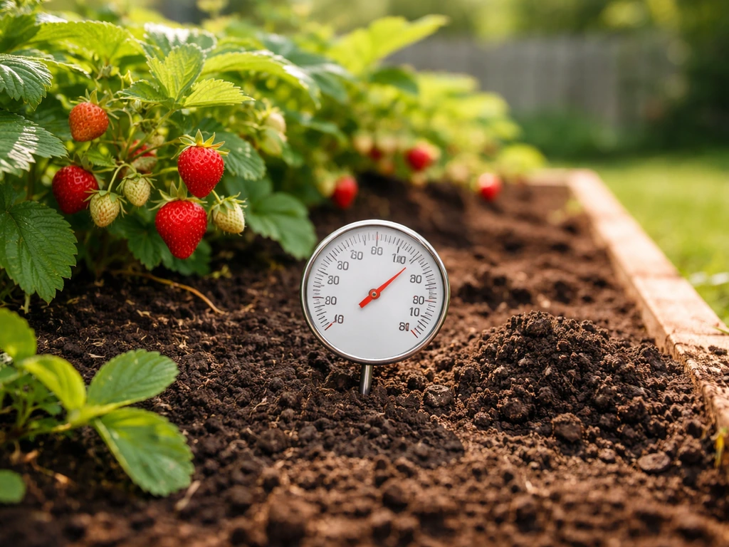 Thermometer and small soil sample beside a garden bed with berry plants under bright summer light.