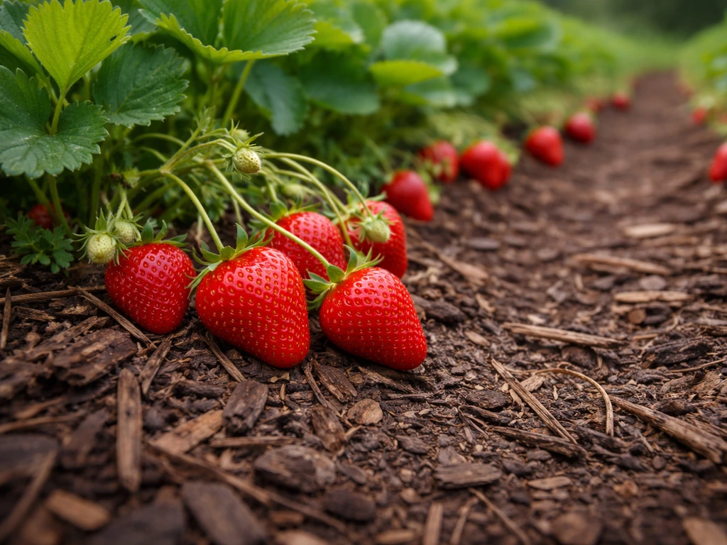Fresh ripe strawberries in a mulched garden bed with runners and green foliage.