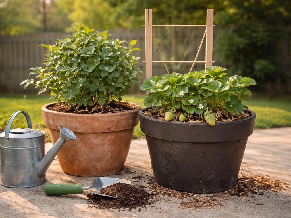 Sunny patio with blueberry and strawberry plants in containers, watering can and potting supplies nearby