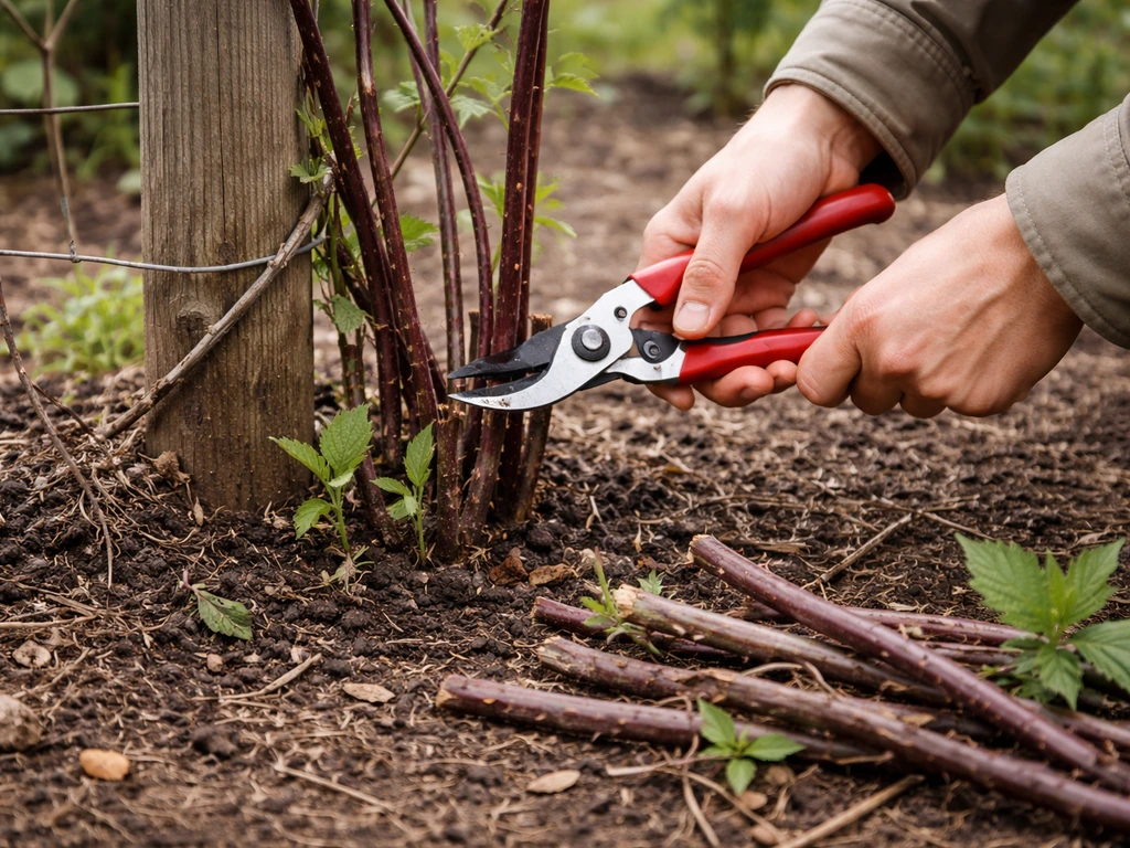 Hands using pruners to cut back blackberry canes at the base near a trellis, showing new growth.