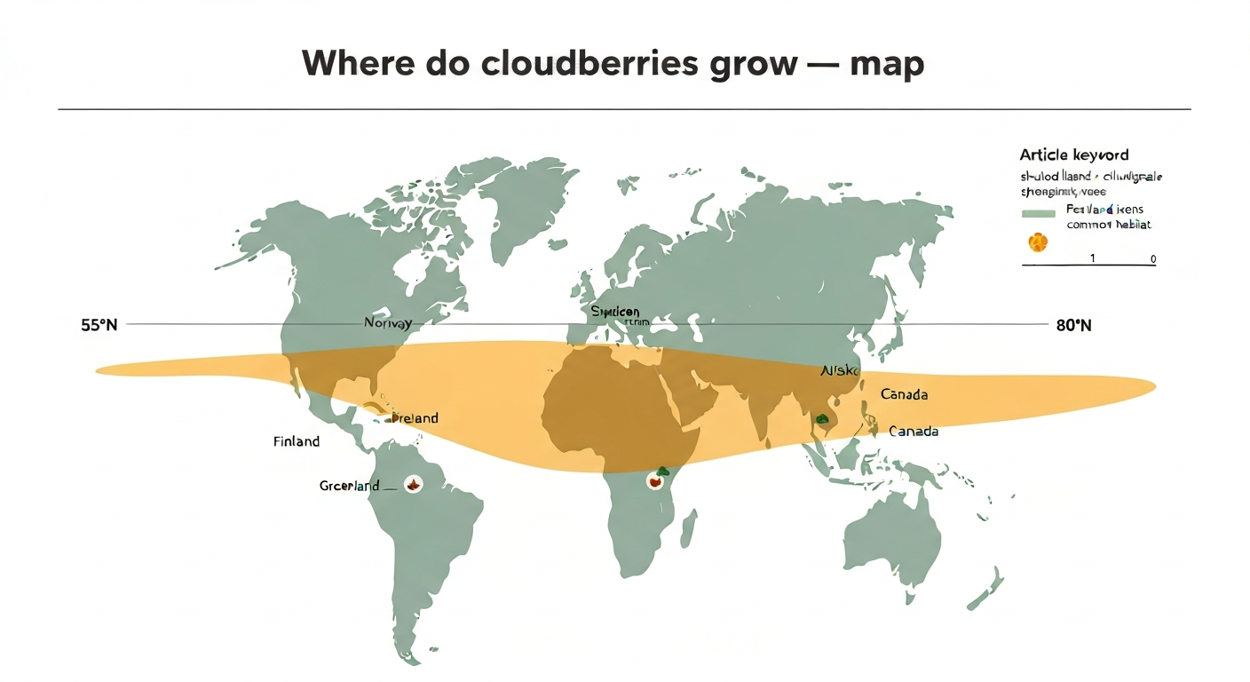 Infographic polar map showing the circumpolar band (55°N–80°N) where cloudberries grow, with labeled countries, peatland icons, and a legend.