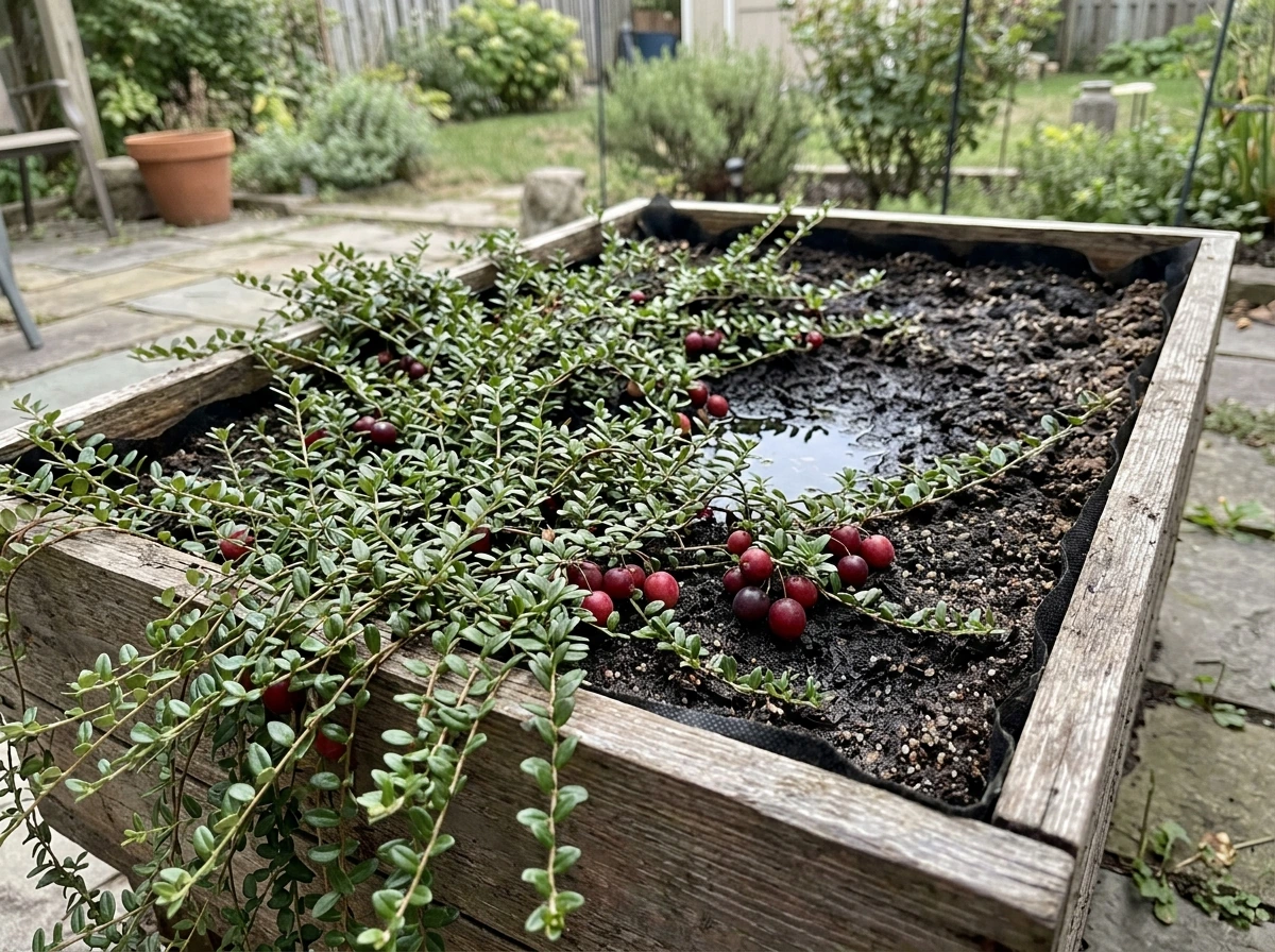 Home cranberry bed in a raised planter with trailing vines and a few red berries.