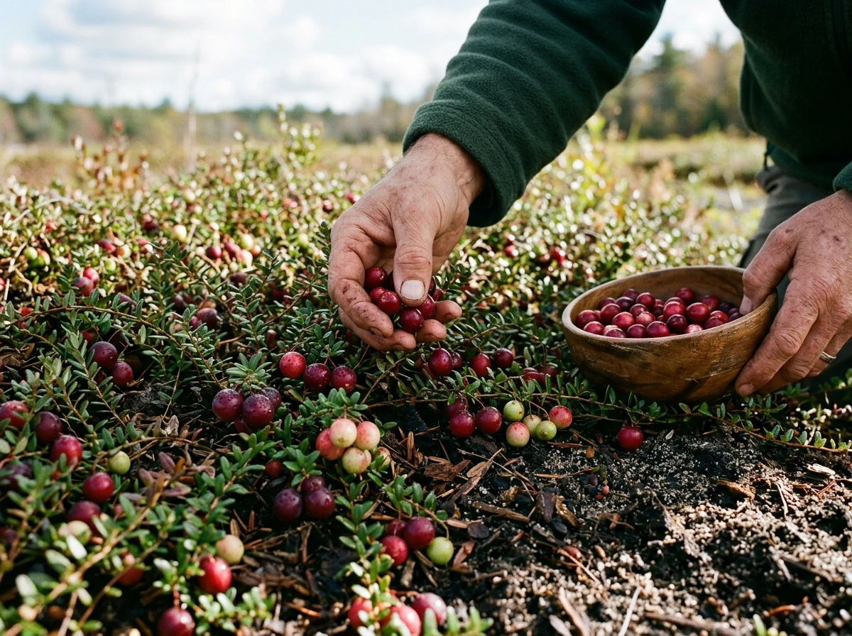 Harvesting cranberries by hand from the bed surface