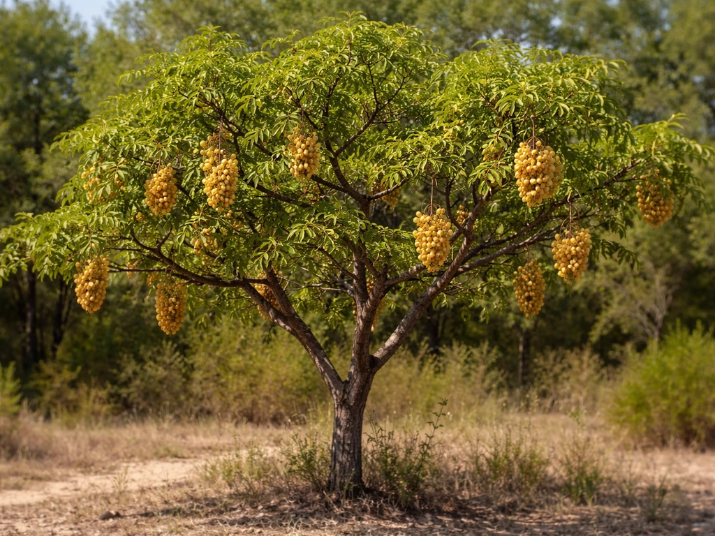 Soapberry tree in its natural habitat with visible hanging seed pods on branches.