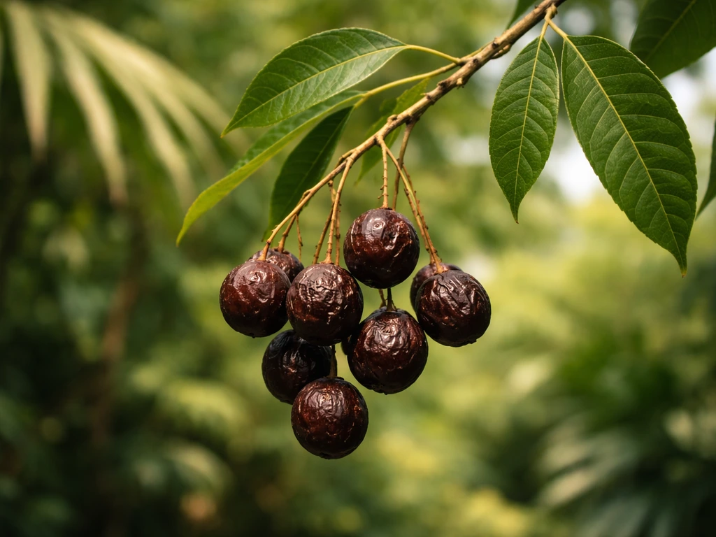 Close-up of soap berry fruits on a small branch with soft tropical foliage background.