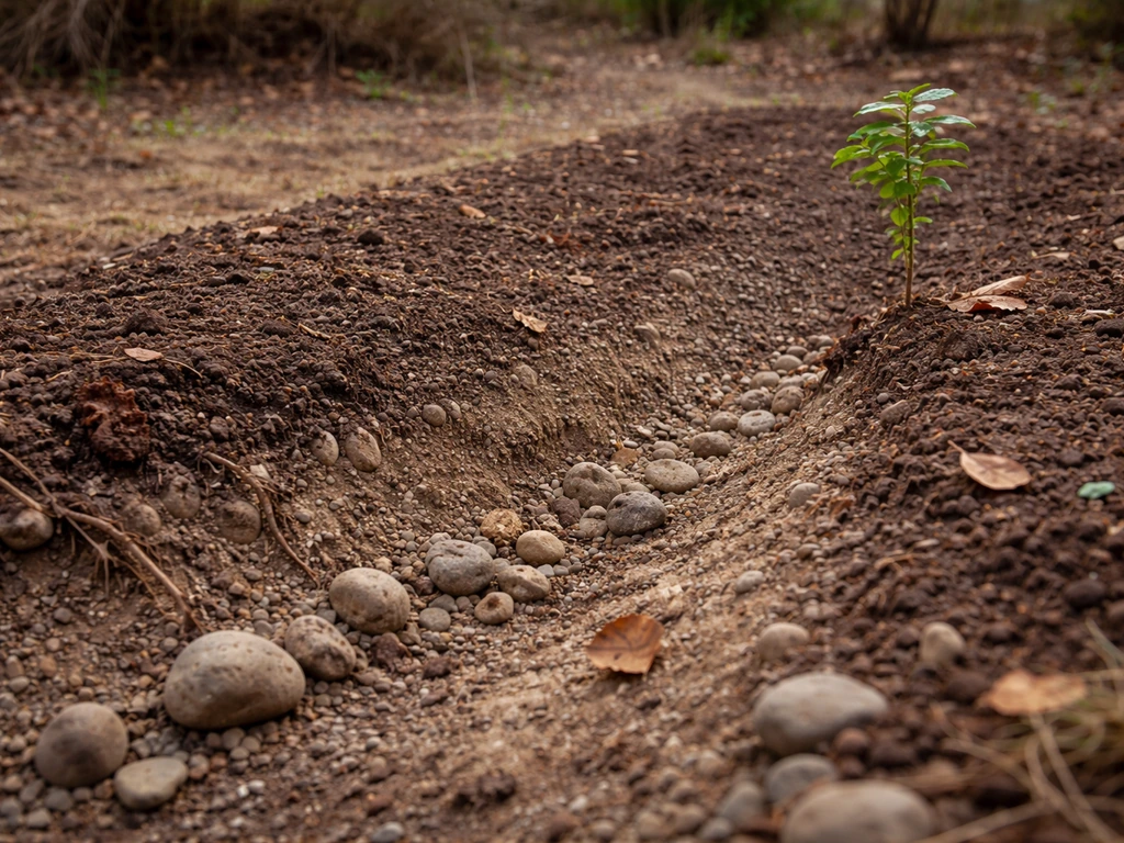 Raised, well-draining soil bed with gravel and a shallow drainage channel, showing not waterlogged conditions.