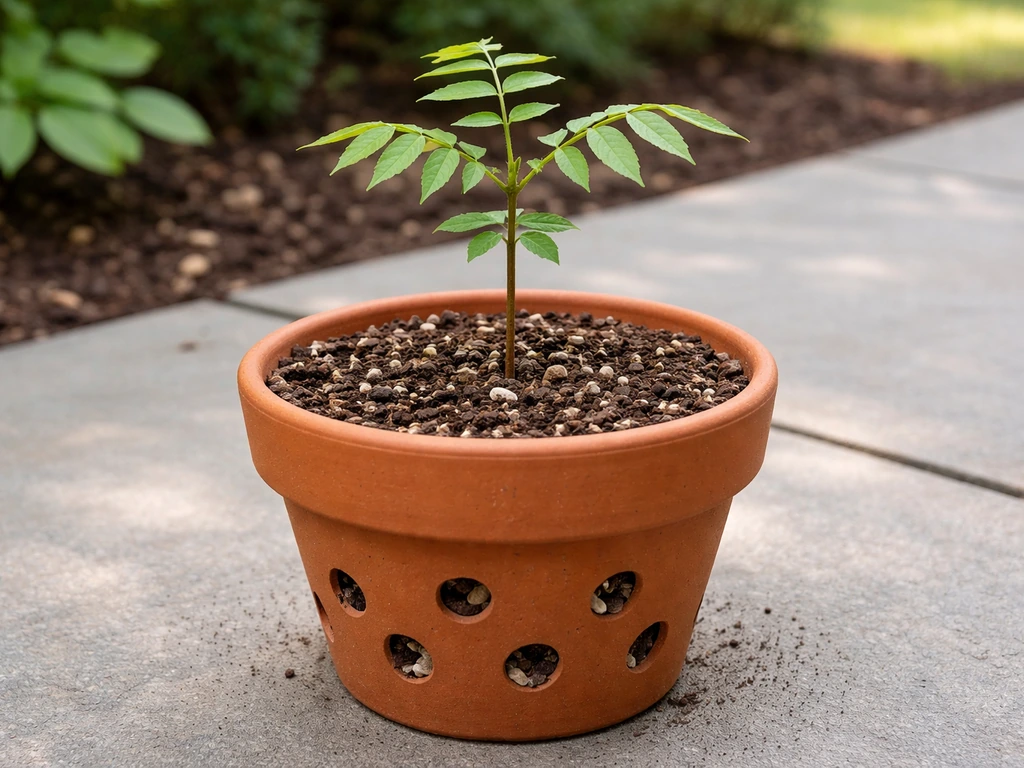 Soapberry seedling in a terracotta pot showing drainage holes, with pebbles and aerated soil.