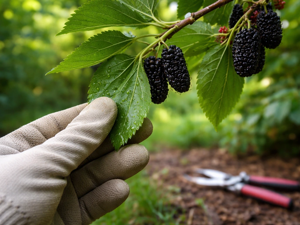 Close-up of mulberry leaves and fruit while a gloved hand inspects sap and leaf surfaces.