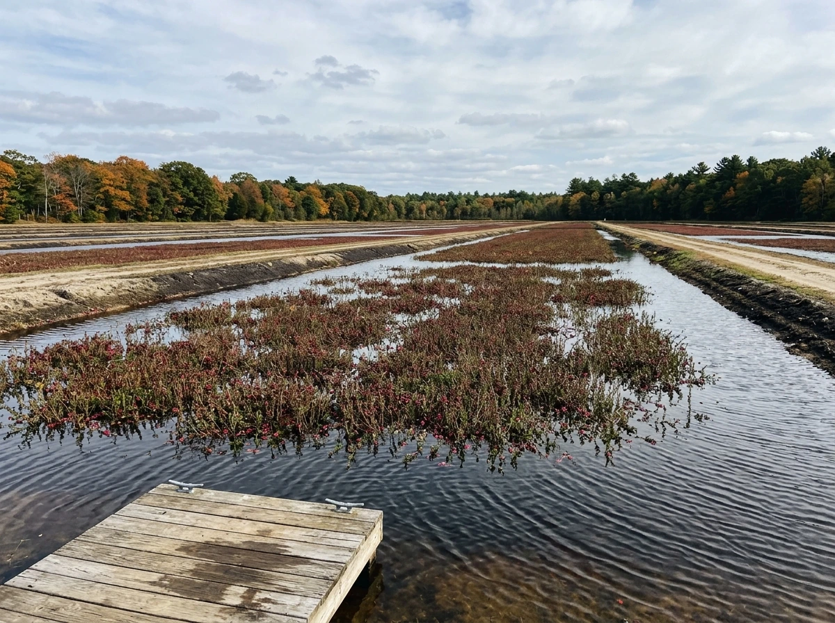 Cranberry bog landscape with vines and shallow water in the northern US
