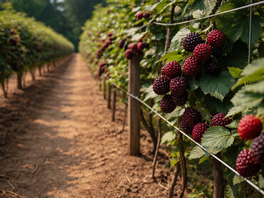Close view of boysenberry vines climbing trellis in a sunny berry patch