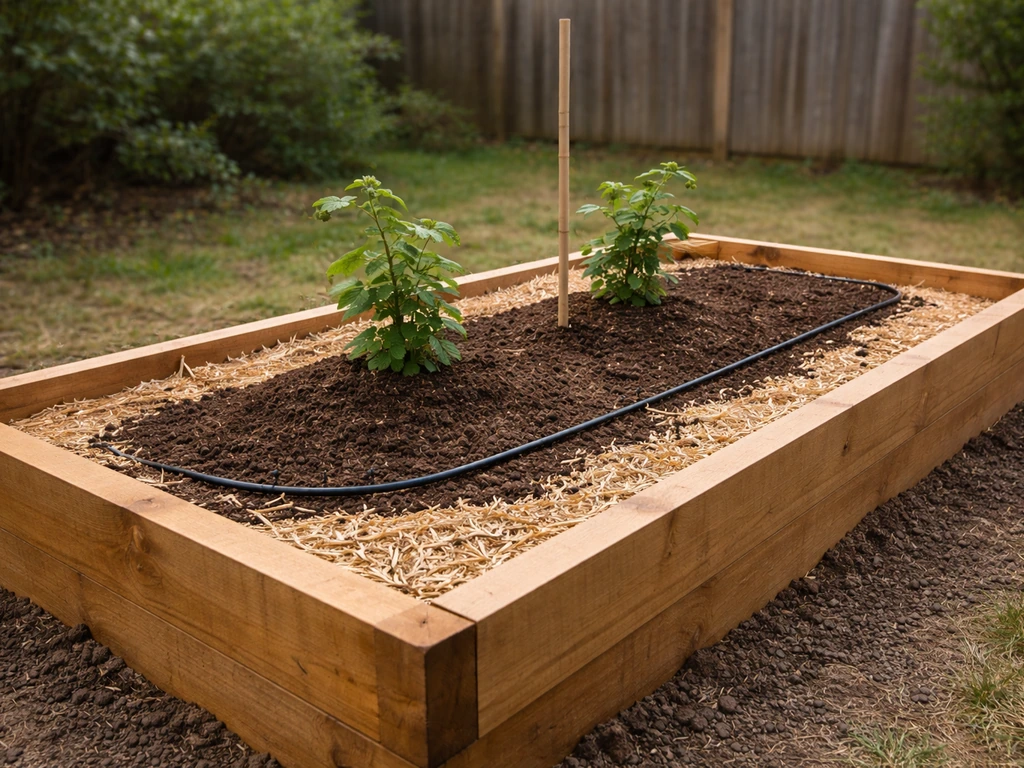 Close-up of a raised garden bed with fresh soil and mulch, ready for boysenberries/hybrid berry planting