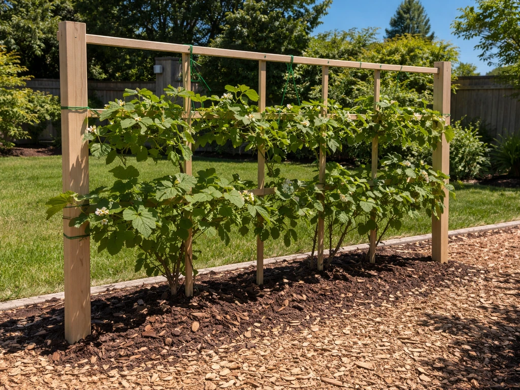Boysenberry canes tied to a wooden trellis in bright full sun in a home garden bed.