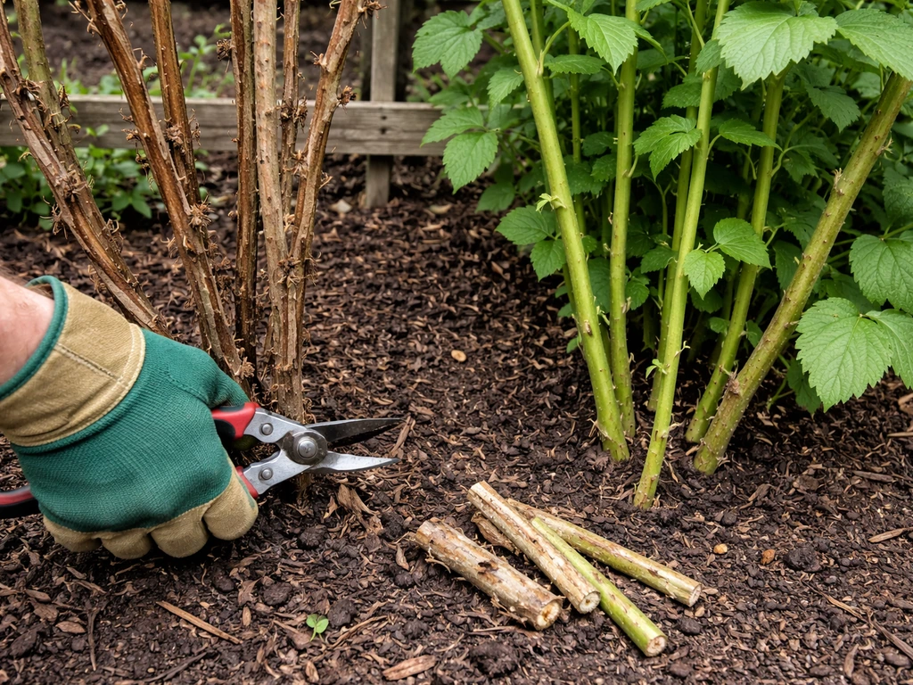 Gardener prunes boysenberry canes outdoors, showing older fruiting canes and newer green canes near a trellis.