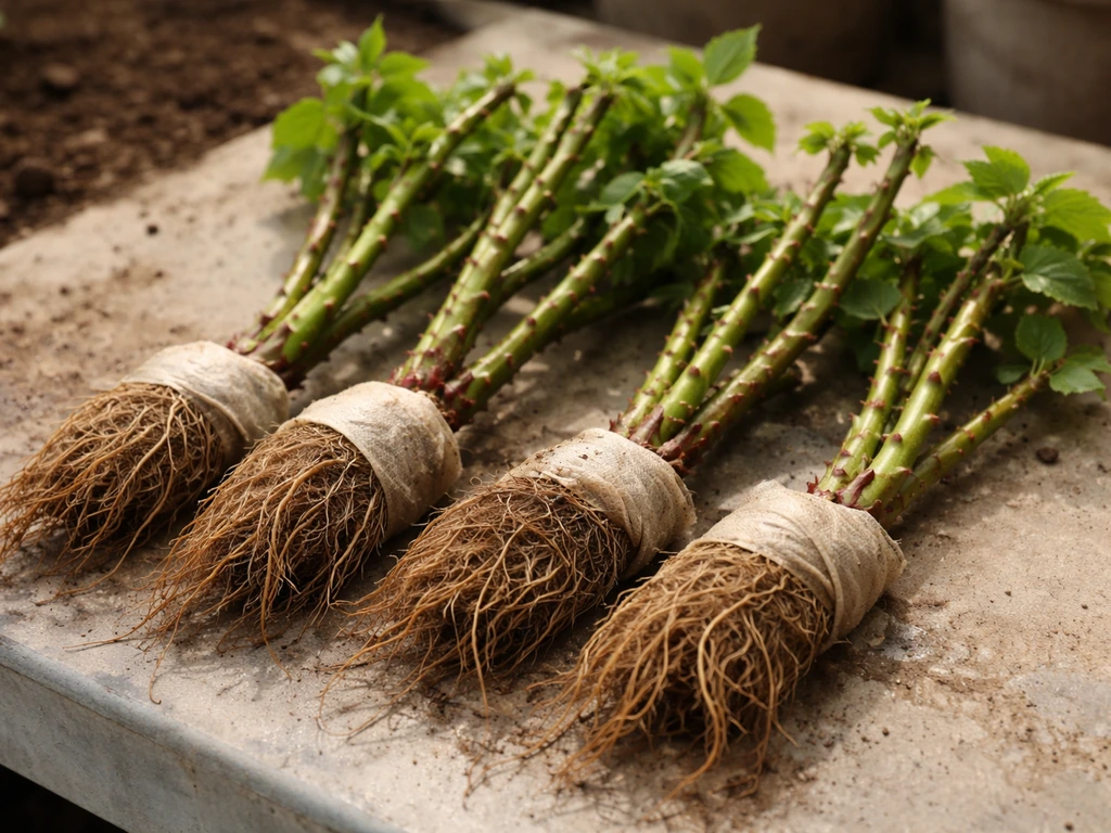 Young boysenberry seedlings with healthy roots and green canes laid on a nursery bench.