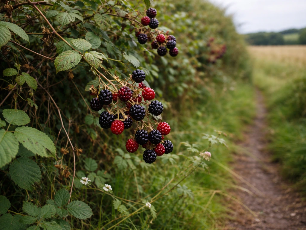 Ripening wild blackberries on an Irish hedgerow in late summer.
