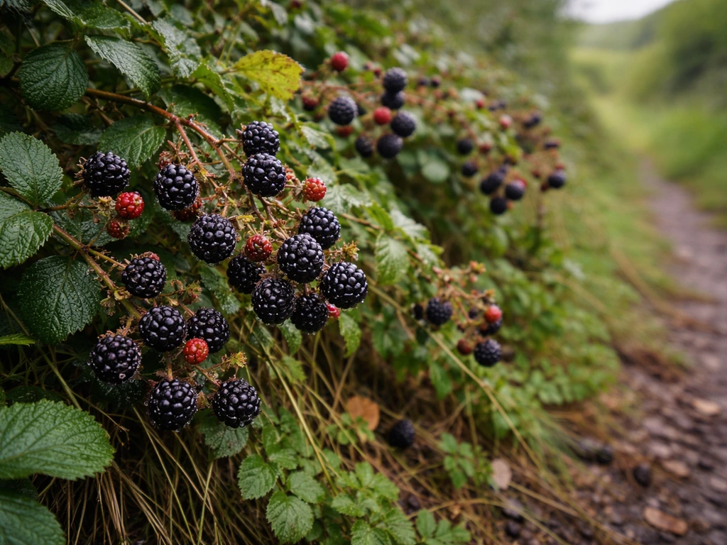 Close-up of ripe blackberry brambles along an Irish hedgerow with dew on the berries.