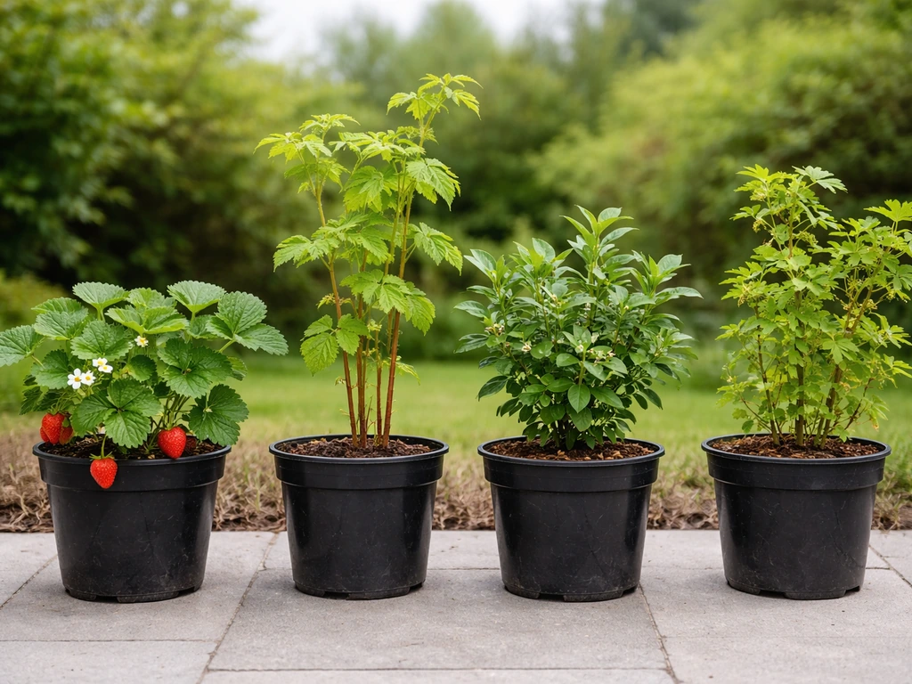 Tidy row of potted edible berry plants—strawberries, raspberries, and currants—on an Irish garden patio.