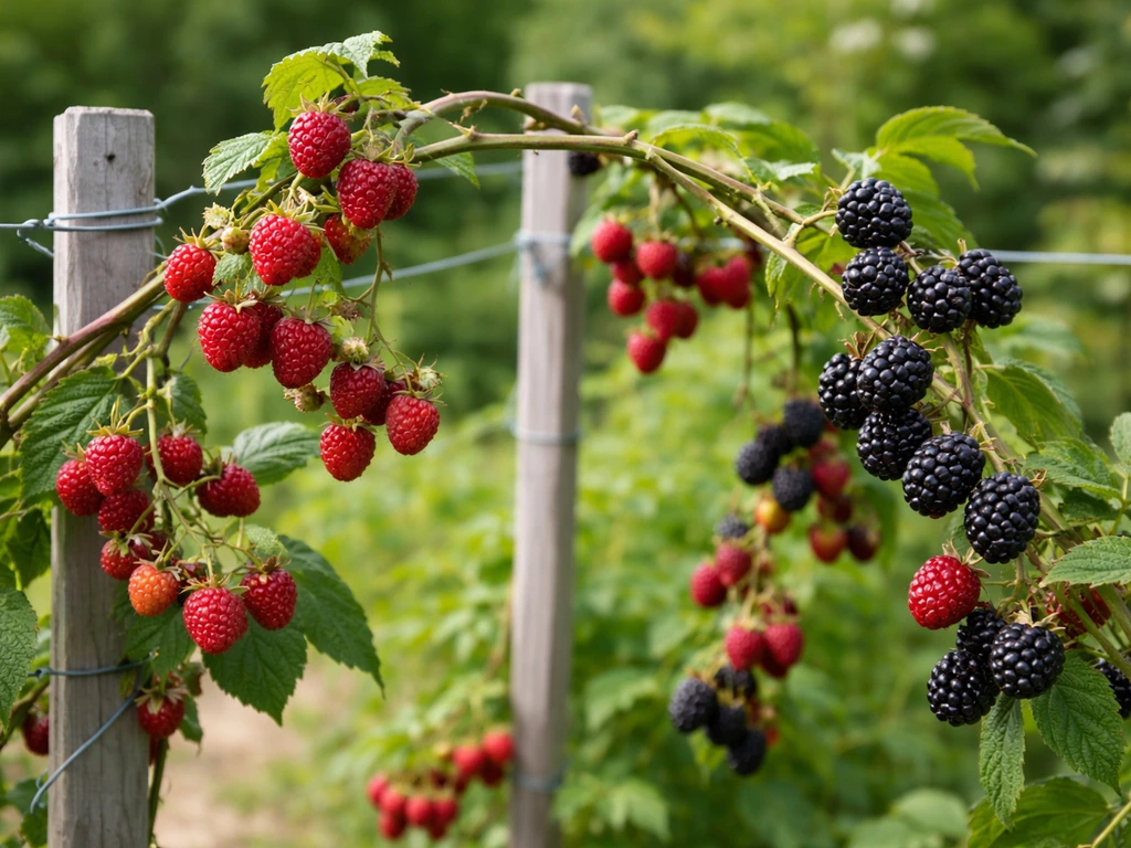 Raspberry and cultivated blackberry canes fruiting on a trellis, with ripe berries on arching stems.