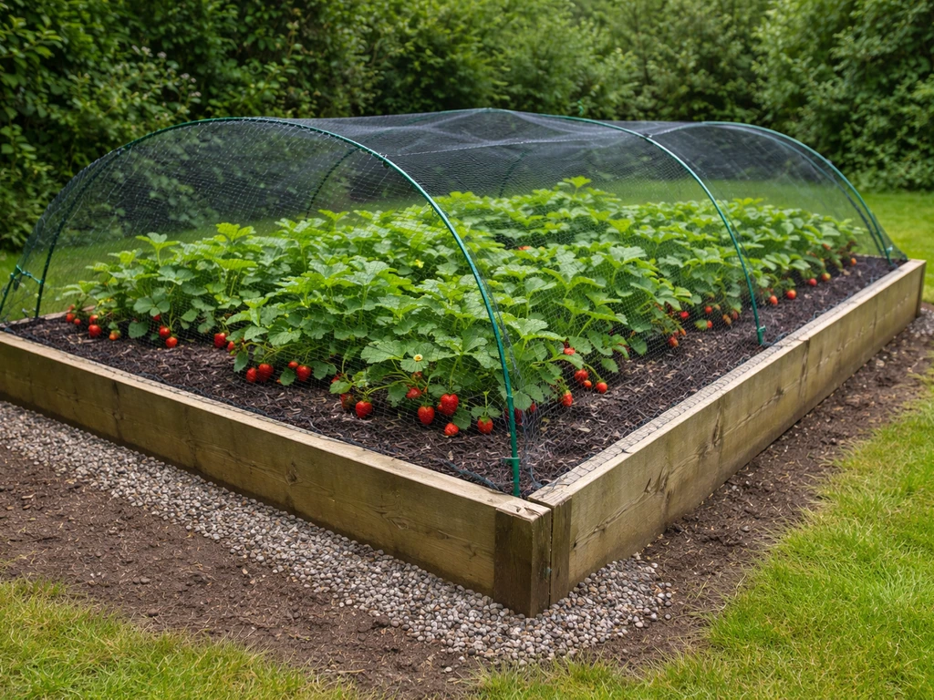 Raised strawberry bed under netting with mulch and a simple slug barrier along the edge