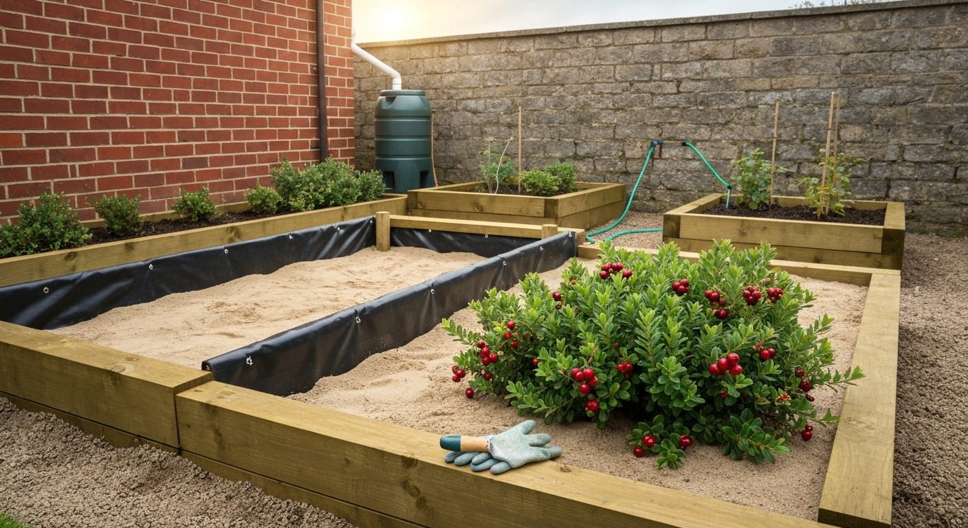 Small Irish garden showing a constructed cranberry bog bed and adjacent raised bed with ripe cranberries, sand surface, pond liner edge, and a rainwater butt with soaker hose.