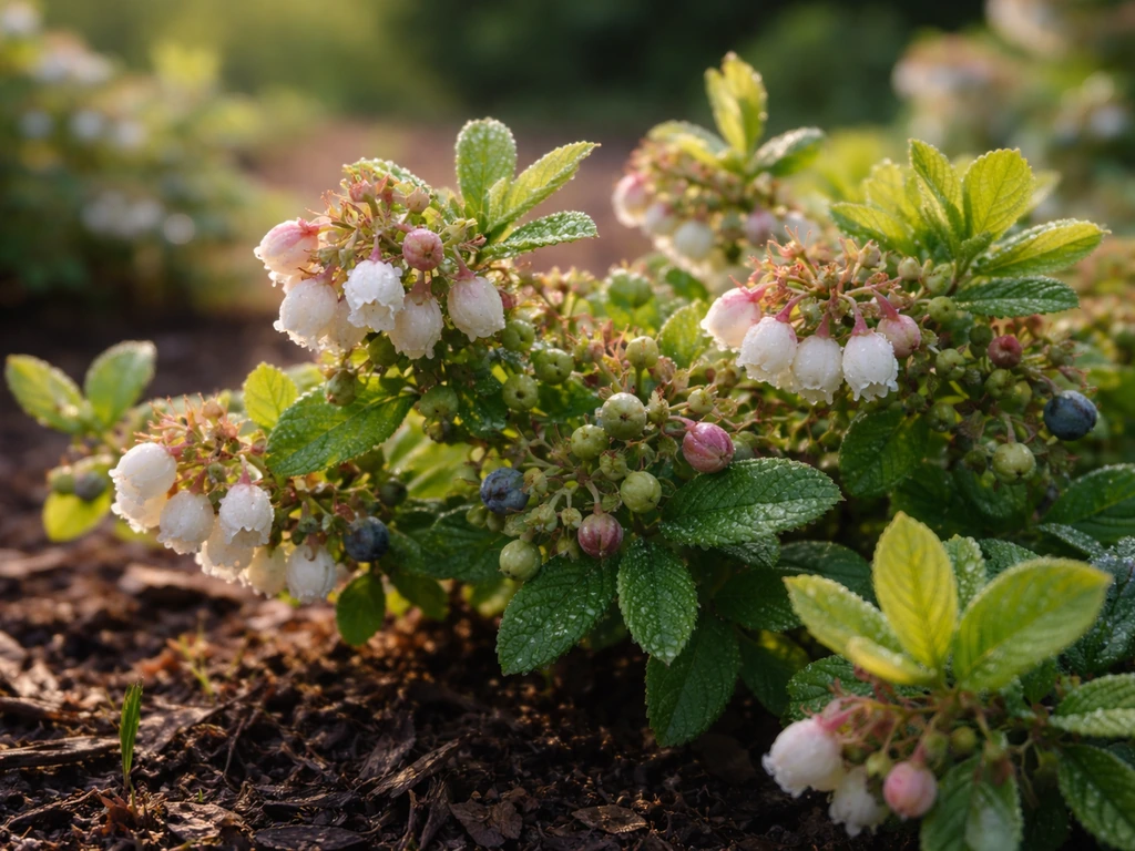 Early-spring berry bushes with small blossoms and tiny green fruit in soft, changing light.